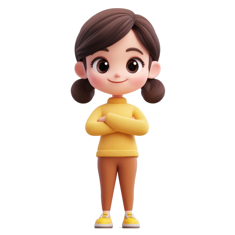 Cute cartoon girl character standing happily in a bright yellow sweater and brown pants against a soft transparent background, cute girl happy cartoon character 3d isolated on transparent background png