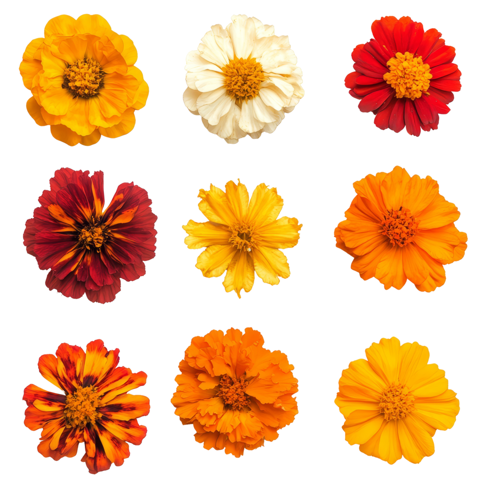 Colorful display of African marigold flowers in various shades, captured from a top view arrangement, various african marigold single flower top view and with isolated on transparent background png