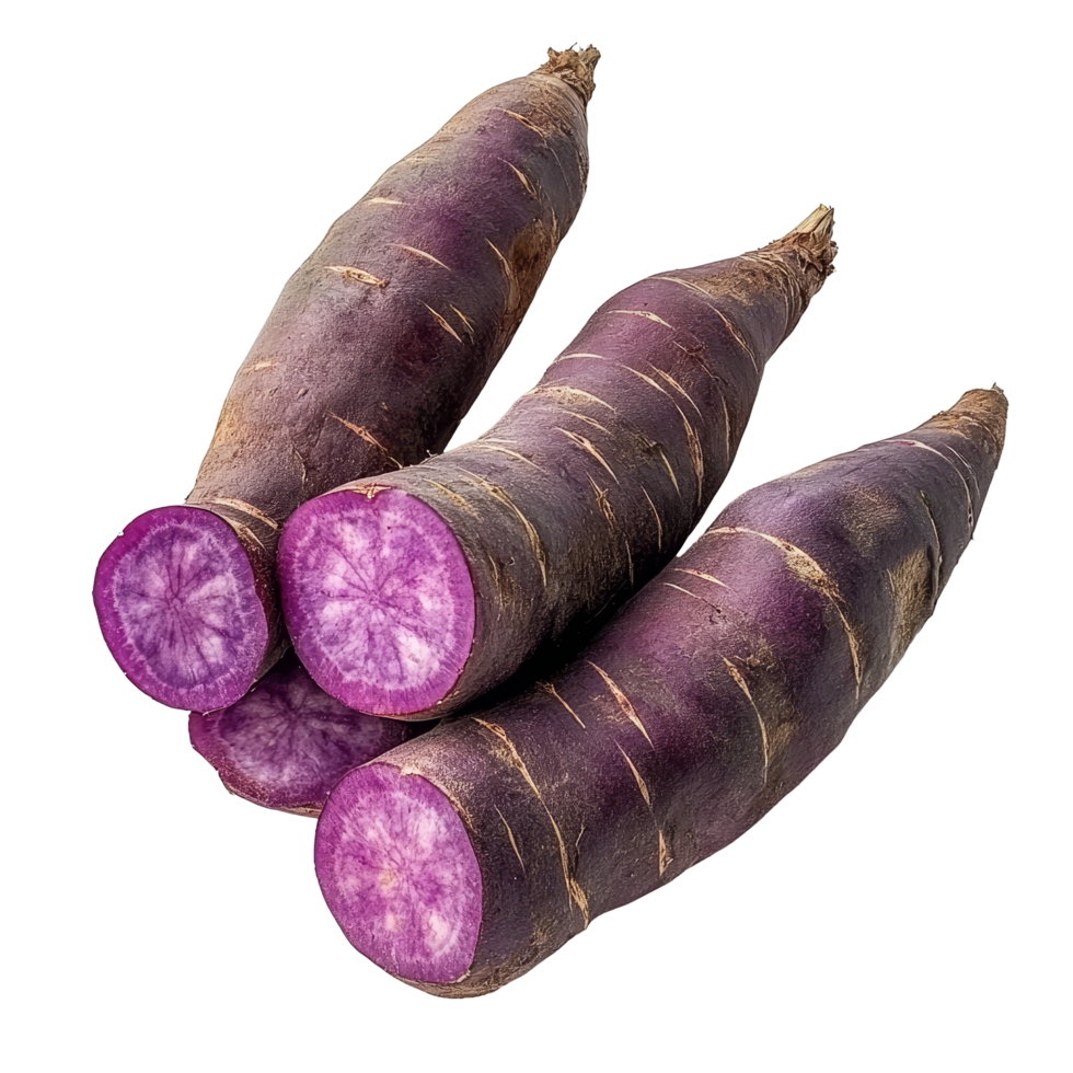 Purple yams cut in half revealing vibrant purple interior on a clean transparent background, purple yams on transparent background png