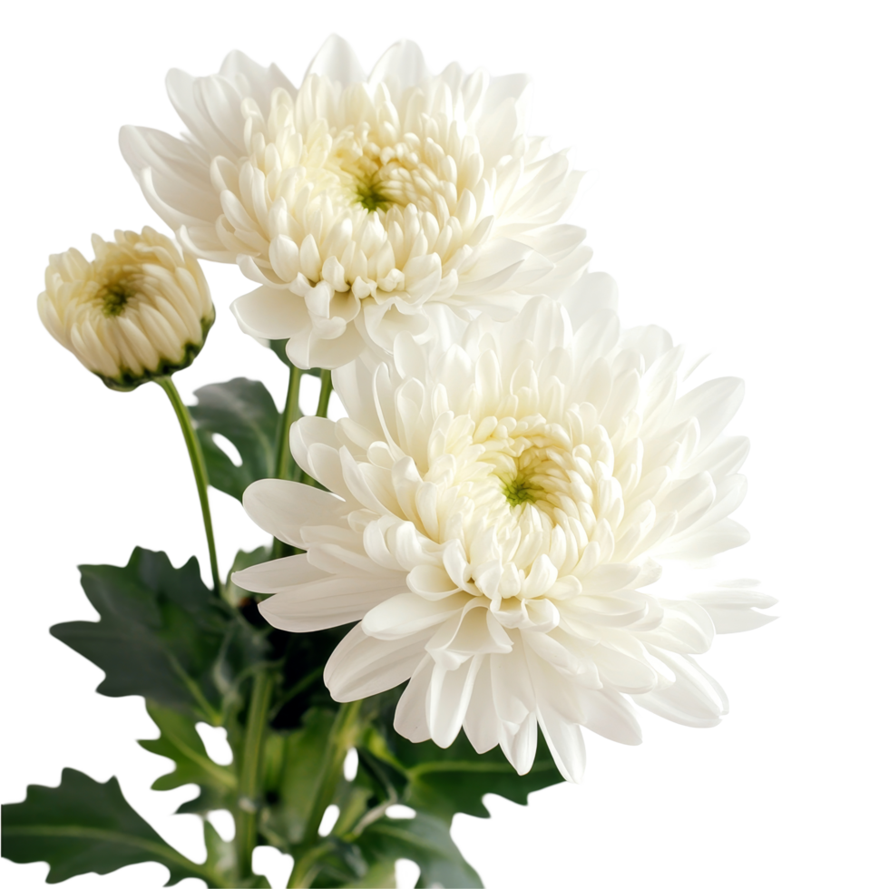 Charming transparent chrysanthemums gracefully bloom atop a bright transparent background, showcasing their delicate petals and fresh greenery, chrysanthemums on transparent background png