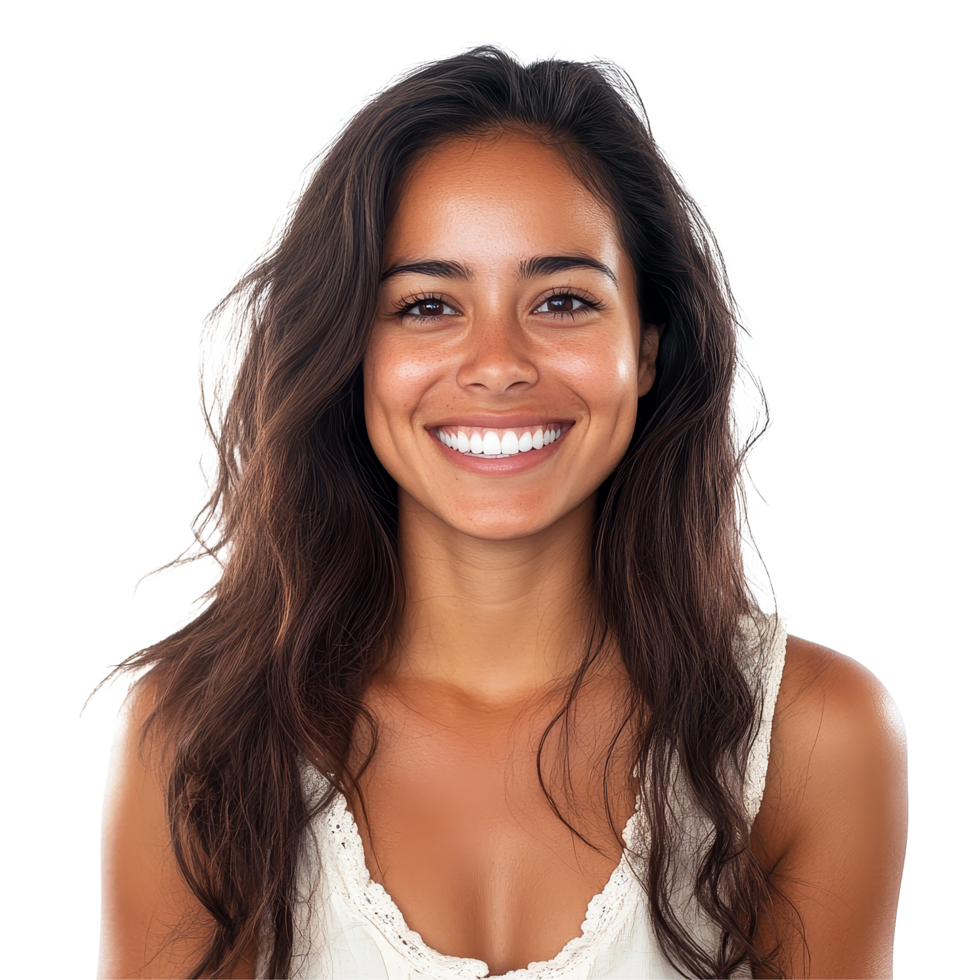 Smiling Hispanic woman with long hair sitting in bright natural light, capturing joy and beauty, a portrait photo of beautiful smiling hispanic woman isolated transparent background png