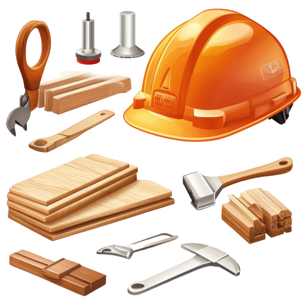 Essential carpentry tools and safety helmet displayed together for woodworking activities, Carpentry tools with safety helmet Stock Illustration png