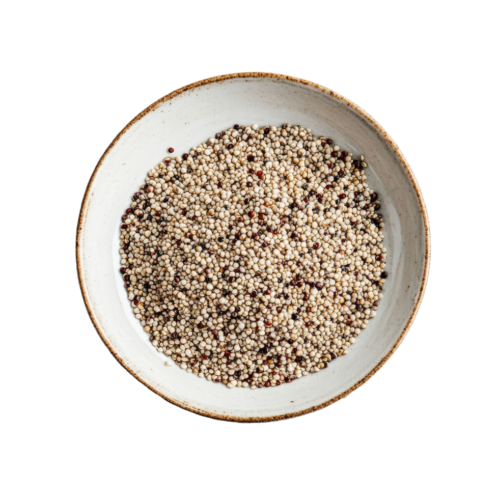 Fresh quinoa seeds in a rustic plate on a clean transparent background ready for cooking or nutritional applications, Quinoa seeds in plate on transparent background png