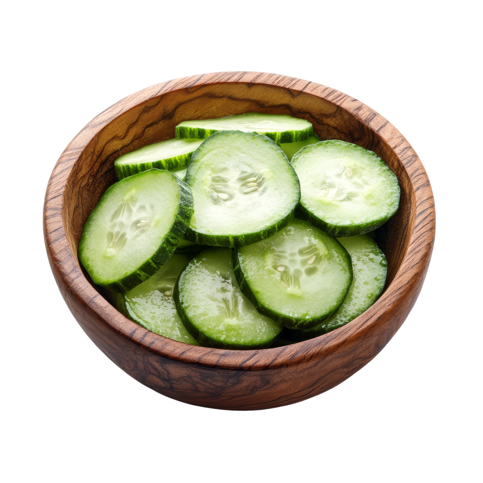 Fresh cucumber slices in a wooden bowl on a transparent background perfect for healthy eating and culinary presentations, Fresh cucumber slices in wood bowl isolated on transparent background png