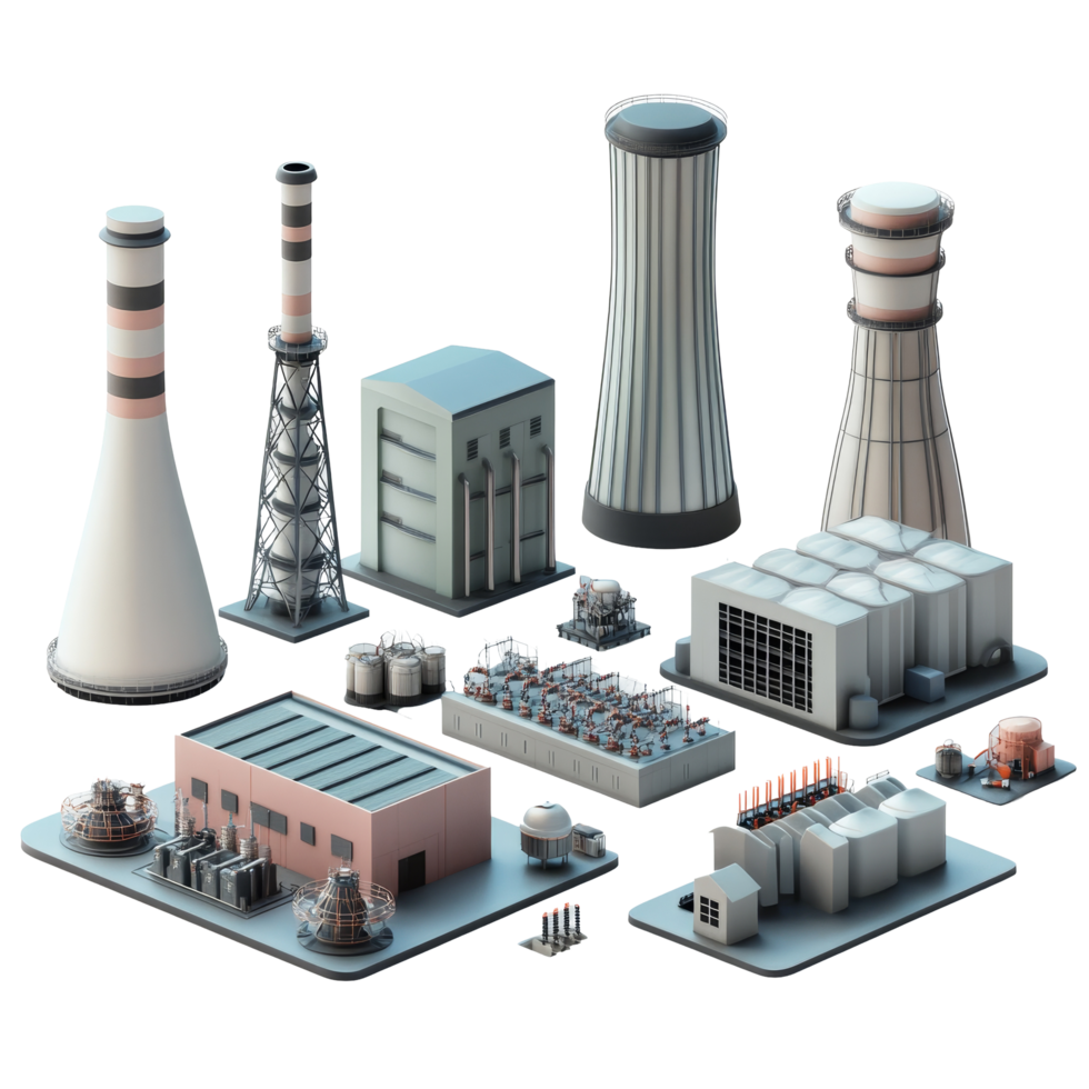 Overview of local power generation facilities showcasing various units and elements, Several elements and units that make up a local power station isolated on transparent background png