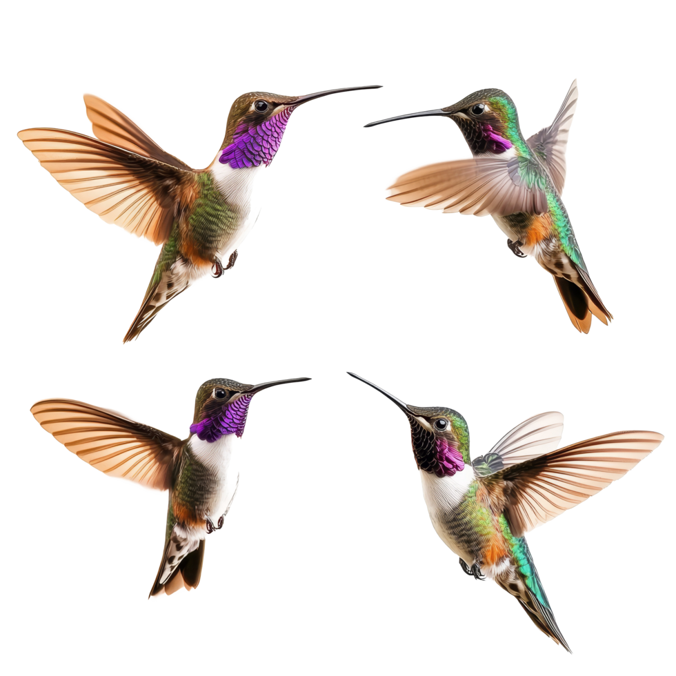 Different hummingbird species in vivid flight against a clean transparent background, diffrent hummingbird birds in flight isolated on transparent background png