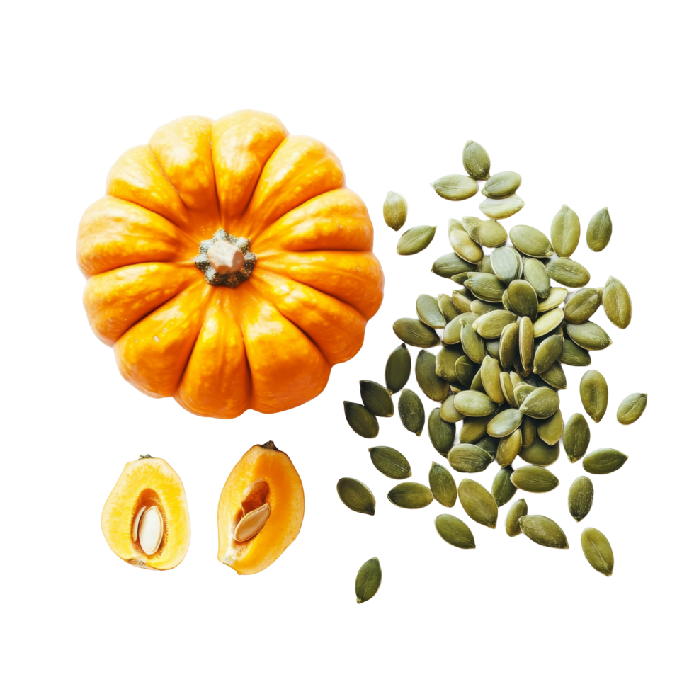 A variety of pumpkin seeds with an orange pumpkin and slices on a transparent background, Pumpkin seeds on transparent background png