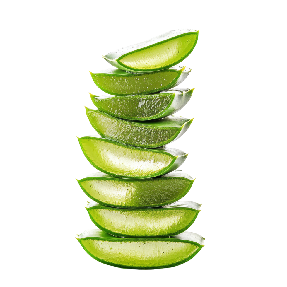 Freshly dissected aloe vera stacks arranged vertically on a clean transparent background for a natural look, Fresh dissected aloe vera stacks isolated on transparent background png
