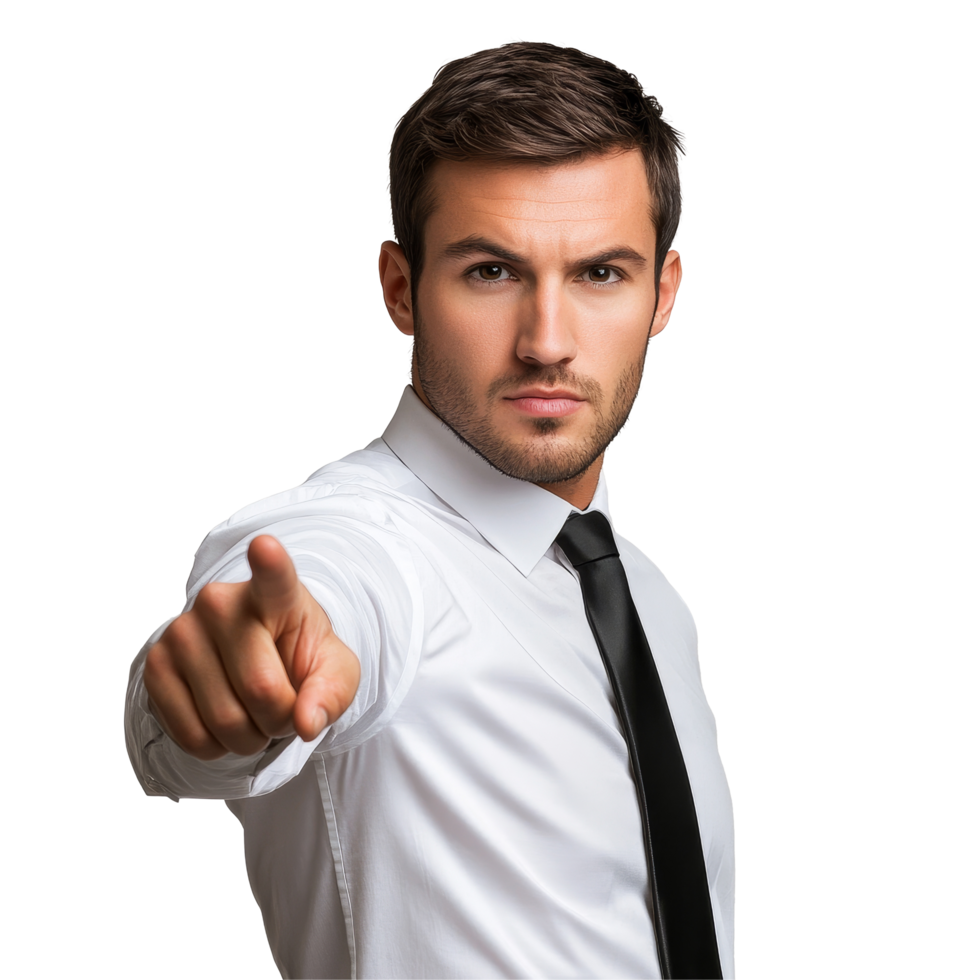 A business man in a transparent shirt and black tie confidently points to convey authority in a professional setting, simple transparent business man with black tie pointing with finger png