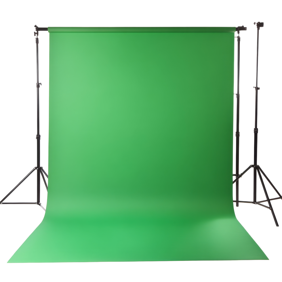 A bright green screen set up on a transparent background ideal for filming, photography, and creative projects, Green screen isolated on transparent background png