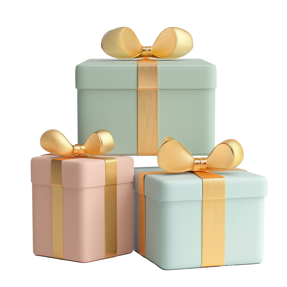 Colorful gift boxes with golden ribbons stacked together in a pastel setting, 3 Gift boxes with golden ribbon 3d render pastel color isolated on transparent background png