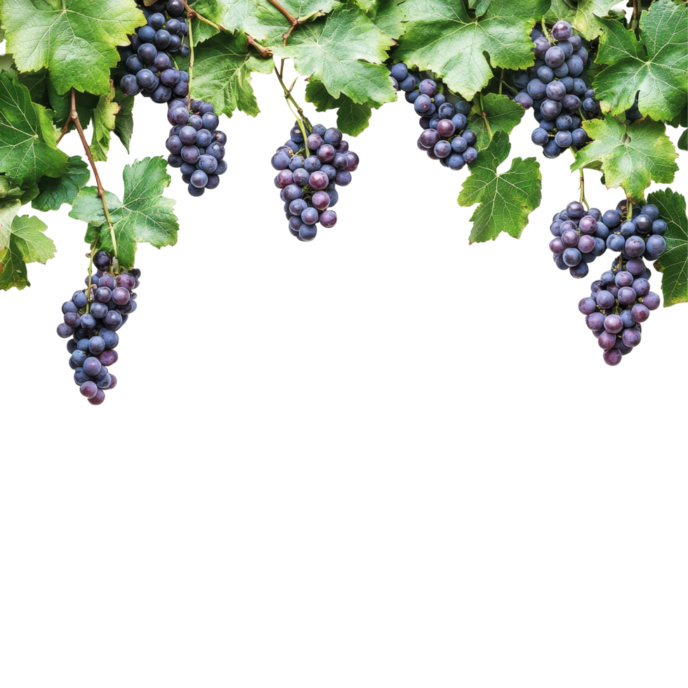 A vibrant branch of fresh grapes and lush green leaves arranged beautifully against a clean transparent background, grapes branch and leaves hanging top with copy space transparent background png