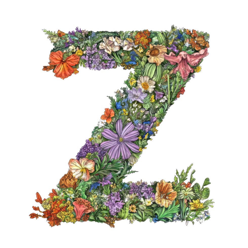Artistic representation of the letter z created with a vibrant floral arrangement on a transparent background, consonant letter z is used to make words on transparent backgroundfile png