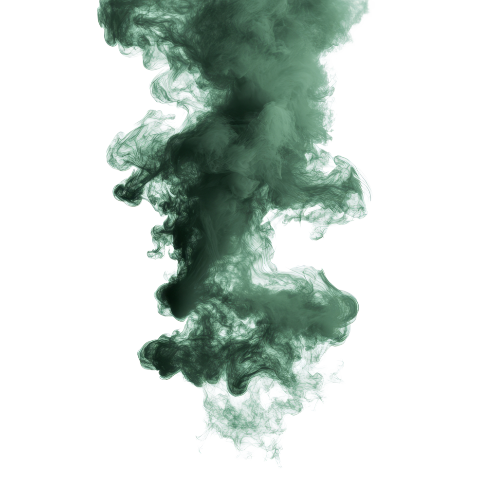Dark green toxic smoke swirling upward in isolated form against a clean transparent background, creating a striking visual contrast, dark green toxic smoke isolated on transparent background png