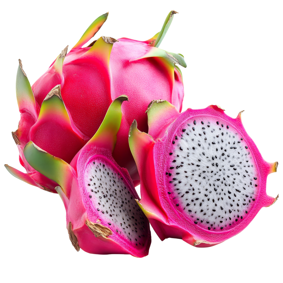 Fresh dragon fruit slices and whole fruit on a clean transparent background showcasing vibrant colors and textures, Exquisite Dragon Fruit on transparent background png