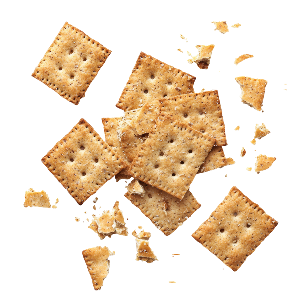 Whole wheat crackers scattered and broken on a clean, transparent background highlighting their crunchy, whole wheat cracker and broken crushed on transparent background top view isolated on transparent background png