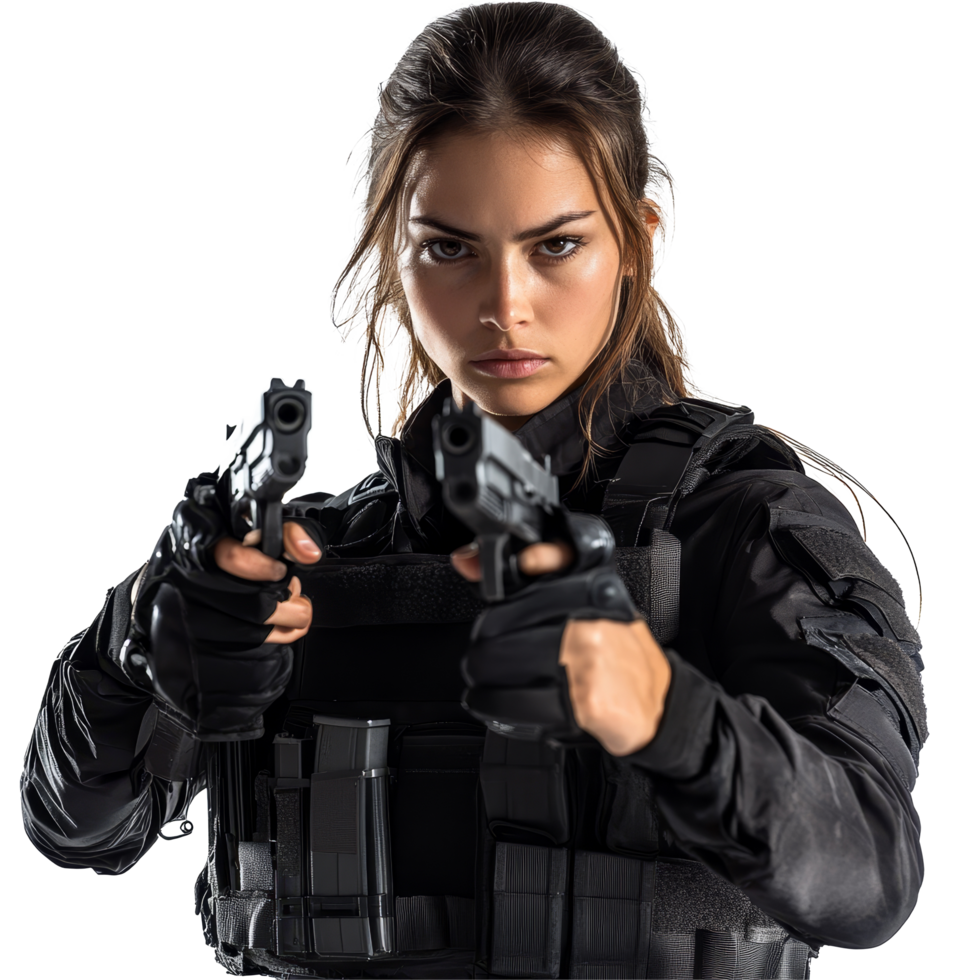 Female tactical agent in dual gun stance ready for action in a high stakes mission environment, Female Agent in Tactical Gear Holding Dual Guns Isolated on transparent background png