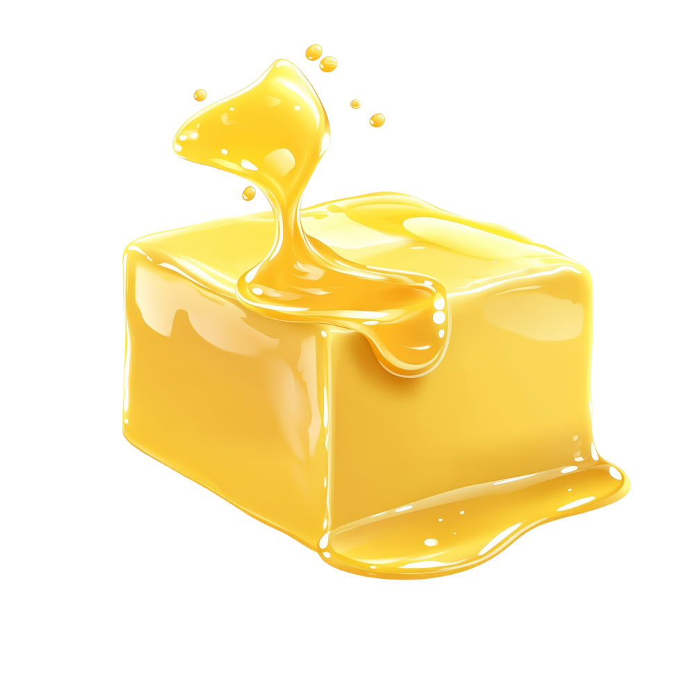 Melting cube of butter on a clean transparent background showcasing the rich texture and golden color during a culinary moment, Cube butter melting isolated on transparent background Stock Illustration png