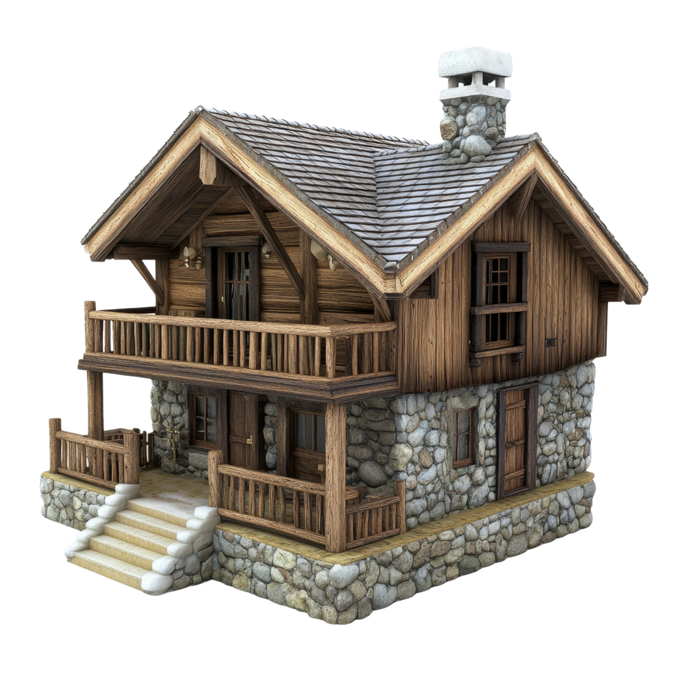Charming isolated chalet house with wooden and stone elements set against a transparent background showcasing alpine architecture, chalet house, isolated transparent background png