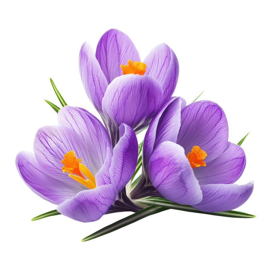 Beautiful purple crocus flowers isolated on a transparent background, showcasing their delicate petals and vibrant colors, crocus flowers isolated on transparent background png