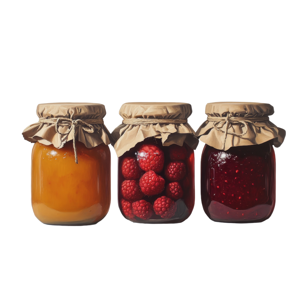Artisanal jam jars featuring strawberry, apricot, and raspberry preserves on a clean kitchen shelf, Artisanal Jam Jars Strawberry, abricot and Raspberry on transparent background png