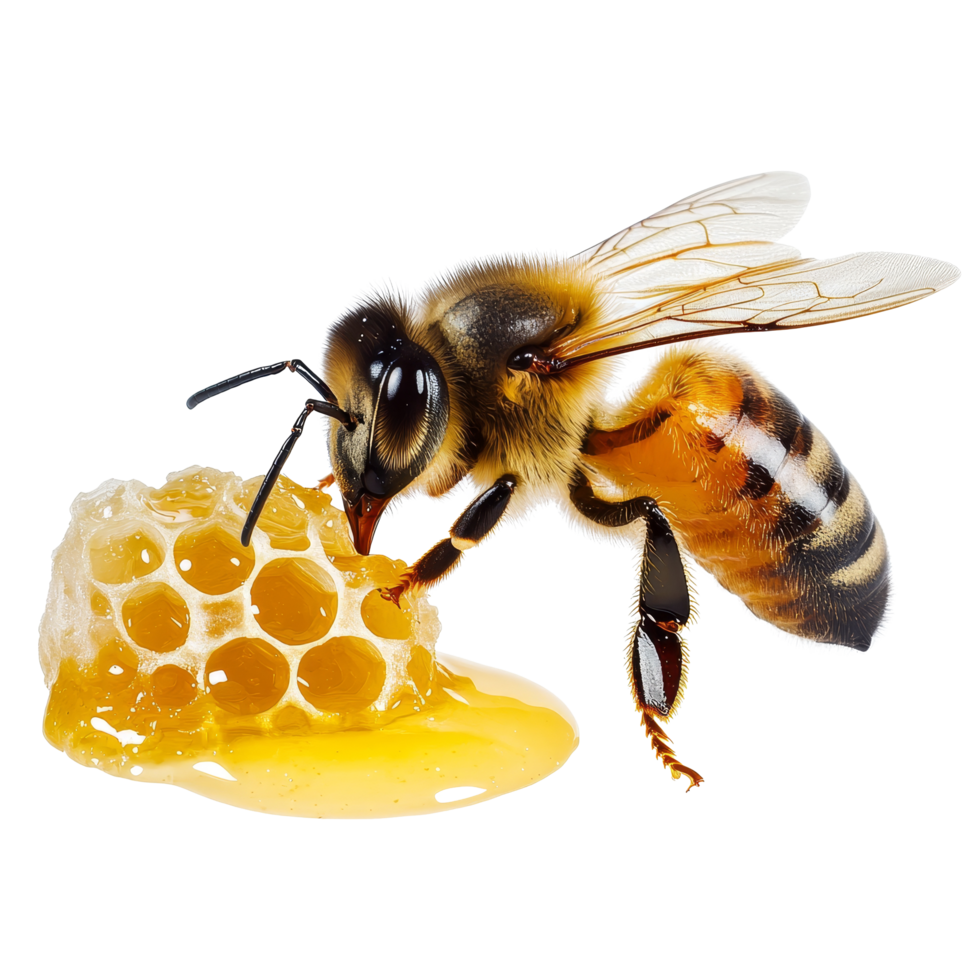 A bee harvesting honey from a honeycomb on a transparent background, bee and its honey, isolated, transparent background png