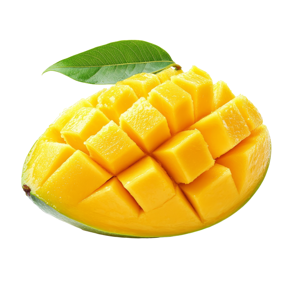 Fresh mango half with vibrant yellow flesh and green leaf isolated on a clean transparent background, Fresh mango half isolated on transparent background png