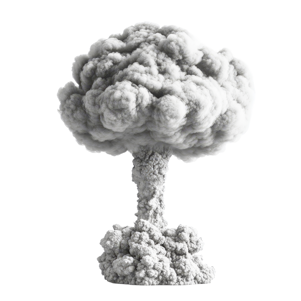 Nuclear explosion with towering mushroom cloud released into the atmosphere during a historic test, Nuclear explosion and mushroom cloud isolated on transparent background png