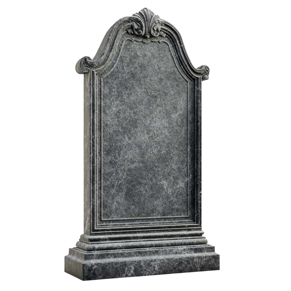 Grey tombstone standing upright against a transparent background with intricate design features, grey tombstone gravestone isolated on transparent background png
