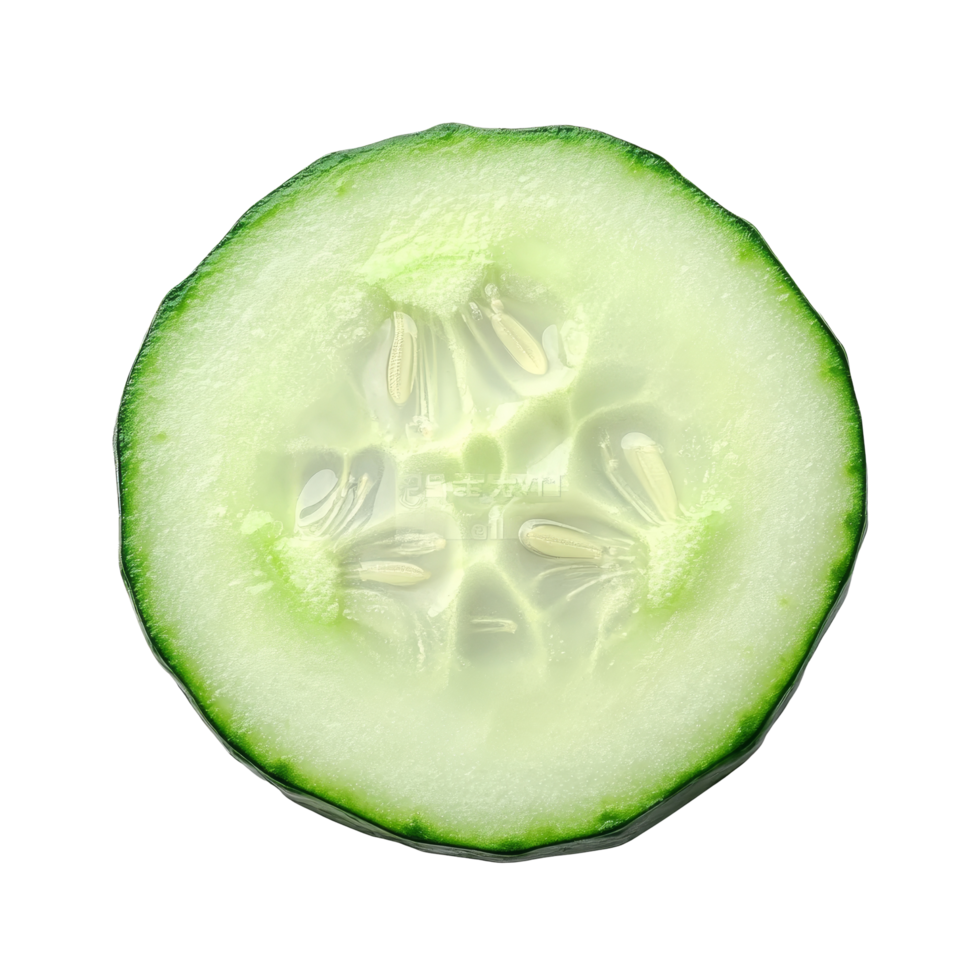 Fresh slice of cucumber resting on a clean transparent background with clear, vibrant green colors, Slice of cucumber isolated on transparent background png