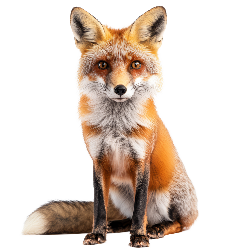 A captivating red fox sits gracefully against a pure transparent background, showcasing its striking features and vibrant fur, Fox isolated transparent background png