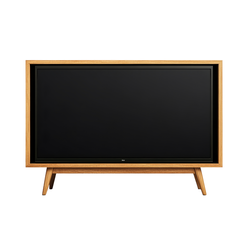Modern wooden framed TV mockup isolated on a transparent background showing minimalist design, modern TV mockup with wooden frames, file of isolated object with shadow on transparent background png