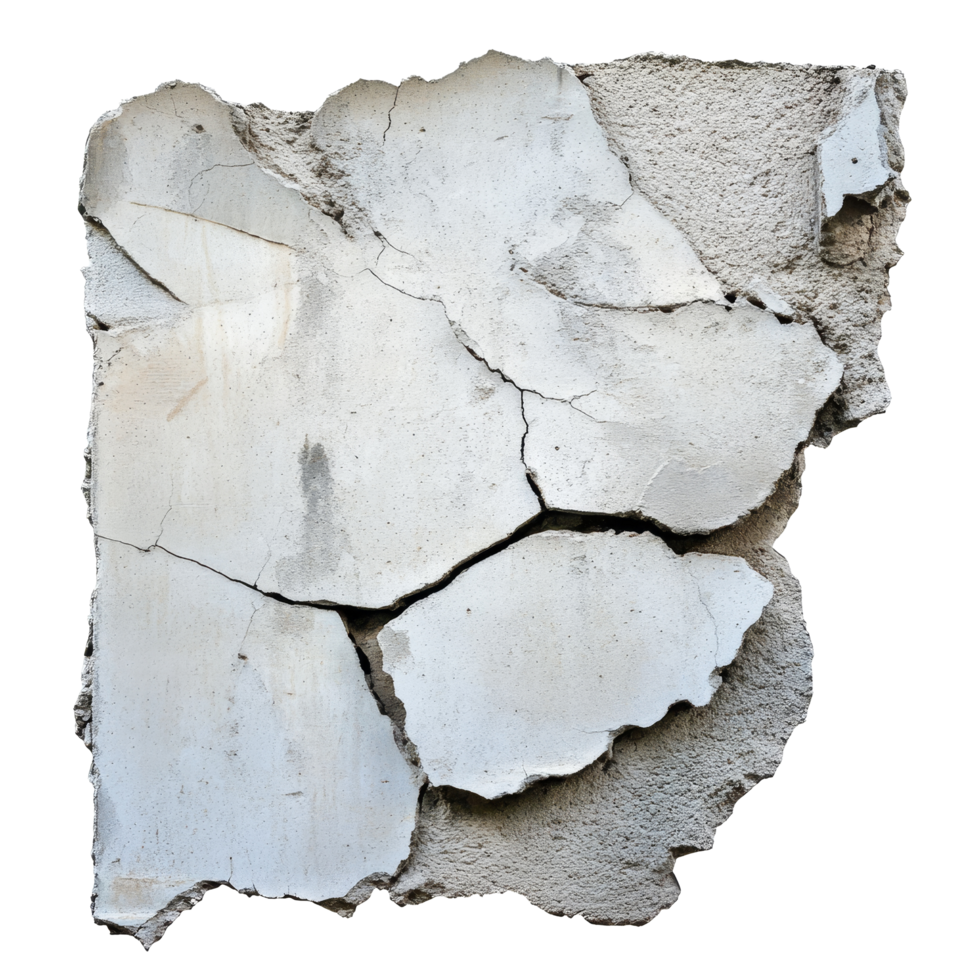 Cracked concrete wall with broken sections against a transparent isolated background, broken concrete cement wall, isolated background png
