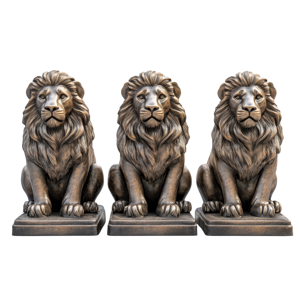 Bronze sitting lion sculptures from the collection highlighting intricate craftsmanship and design, Bronze Sitting Lions 3d Sculpture isolated on transparent background png
