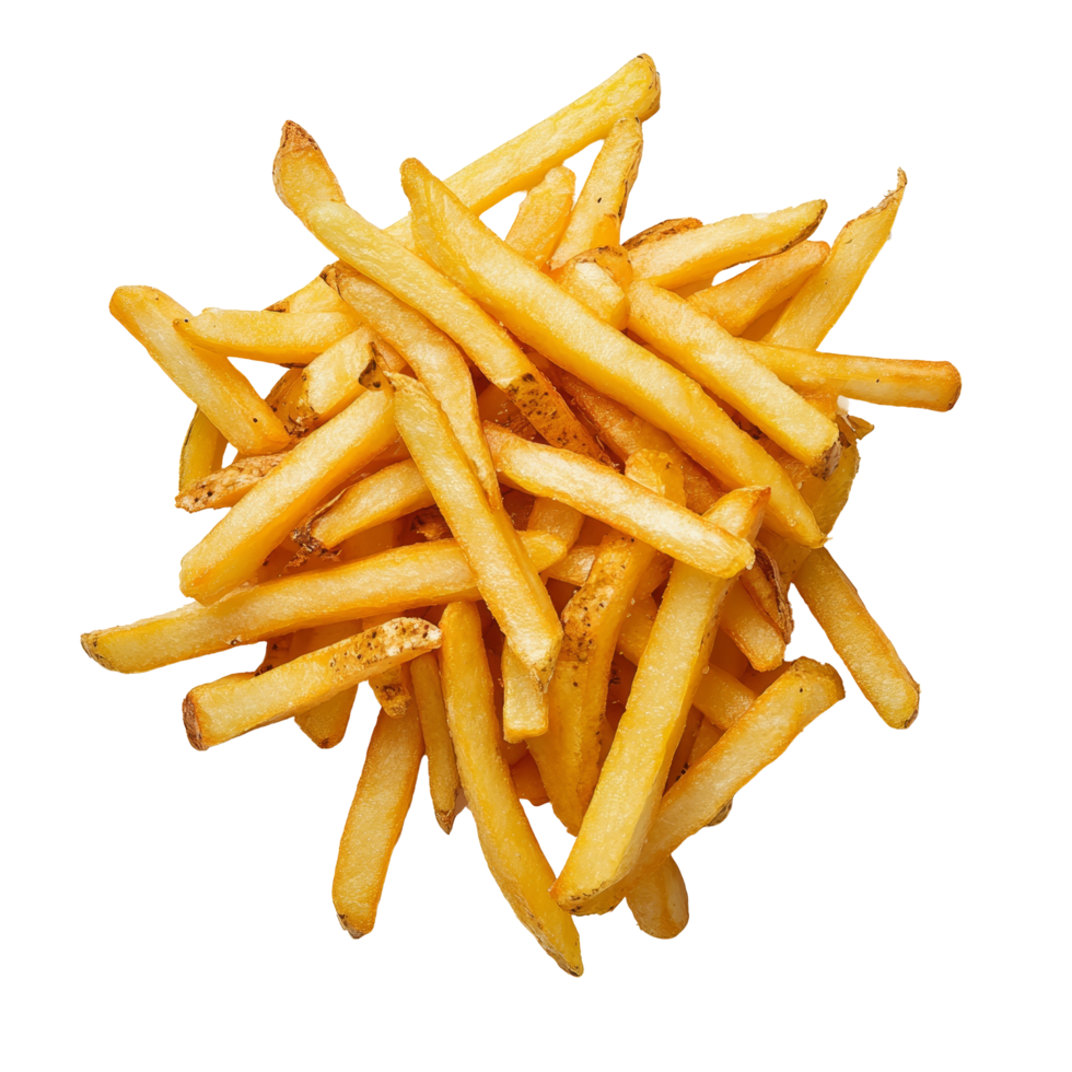 Crispy golden French fries arranged neatly on a transparent background, perfect for snacking any time of day, French fries on transparent background png