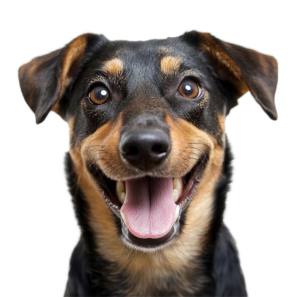 Happy dog with a big smile featuring soft fur and bright eyes on a clean transparent background in a joyful pose, Happy dog transparent png