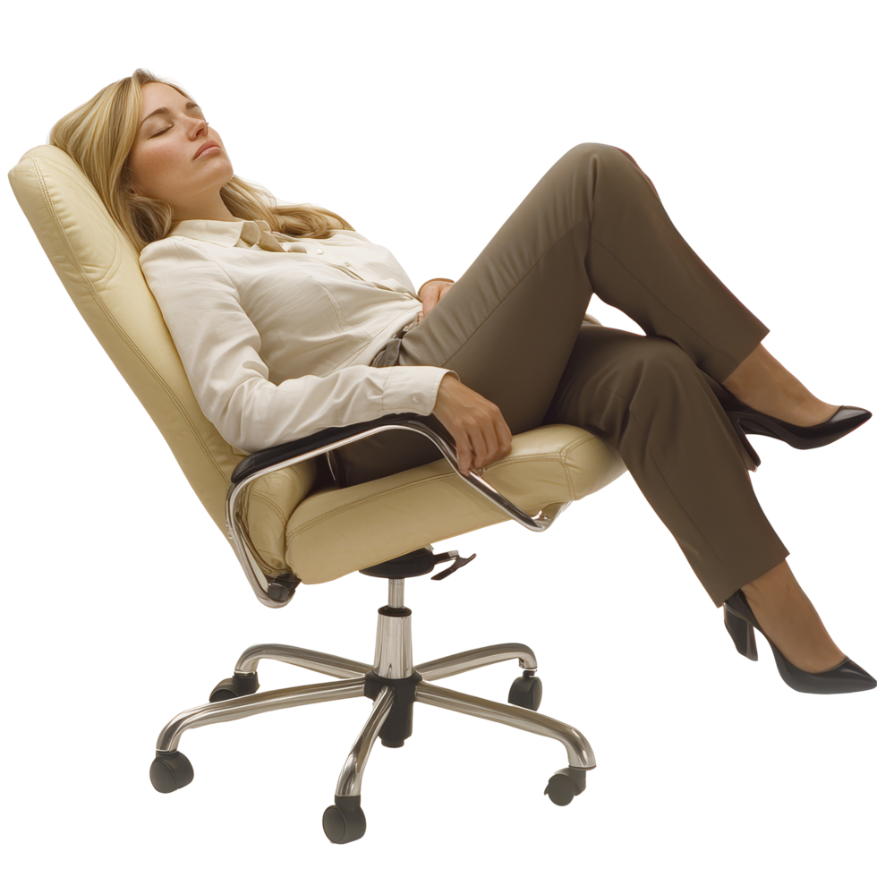 Businesswoman peacefully resting in office chair during a busy workday, Businesswoman falling asleep on a chair file no background png