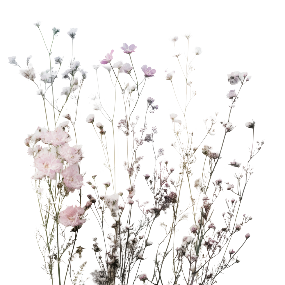 A delicate arrangement of dried flowers on a clean transparent background showcasing soft colors and natural beauty, imagine bush of flowers on transparent background png
