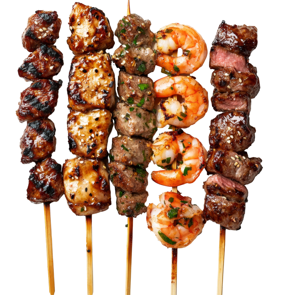 Delicious teriyaki chicken, beef satay, and garlic shrimp skewers arranged beautifully on a platter, Skewers with Teriyaki Chicken, Beef Satay, and Garlic Lemon Shrimp on transparent background png