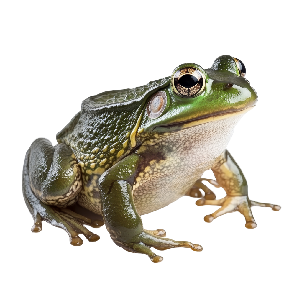 A bullfrog poses on a transparent background displaying its vibrant colors and unique texture, bullfrog isolated on transparent background png