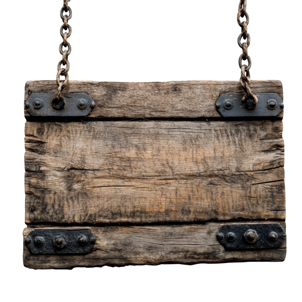 Rustic medieval wooden signboard hanging with chains isolated on a transparent background, old medieval wood board hanging isolated on transparent background png