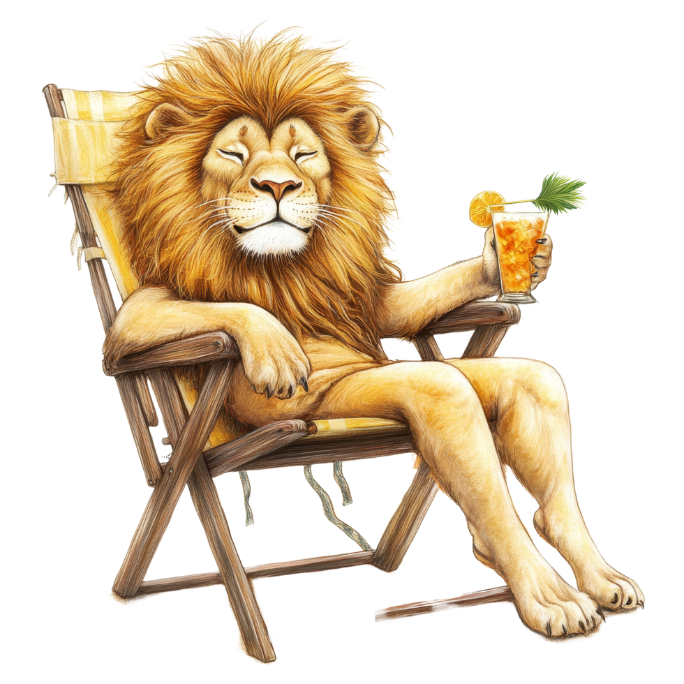 A relaxed lion lounging on a chair with a cocktail in a bright and cheerful setting, Relaxed Lion in Chair with Cocktail on transparent background png