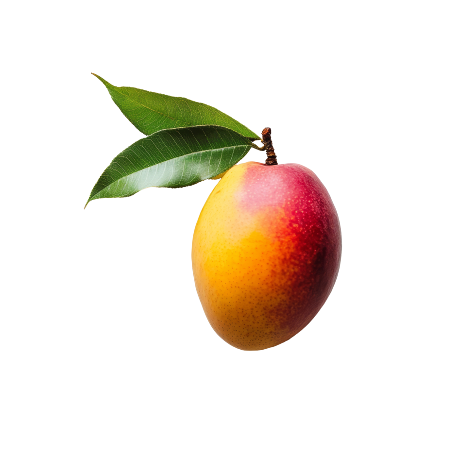 Fresh mango with vibrant skin and green leaf against a plain transparent background showcasing natural beauty, mango with leaf on transparent background png