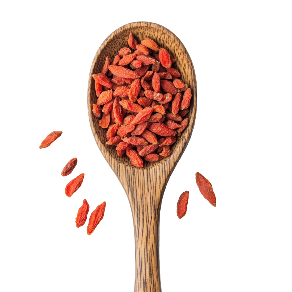 Dried goji berries in a wooden spoon resting on a transparent background, showcasing their vibrant red color and texture, dried goji berries in wood spoon on transparent background png