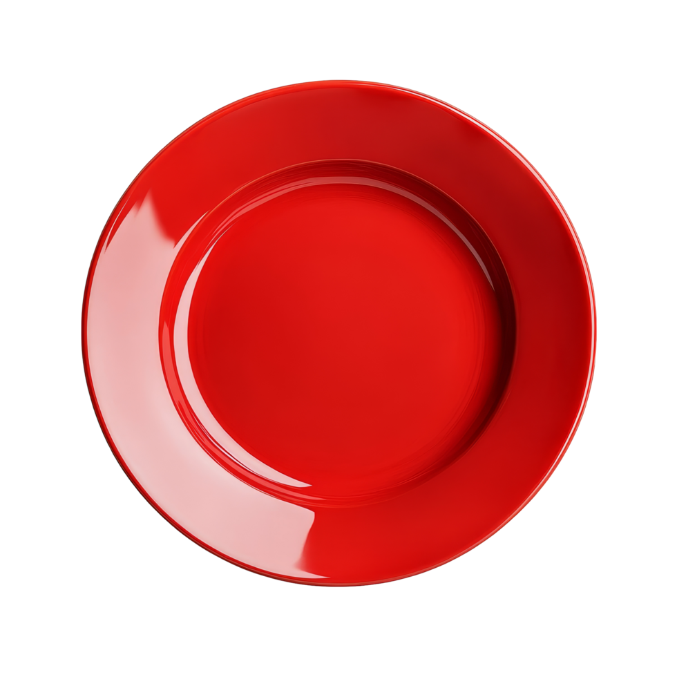 Bright red plate positioned against a plain transparent background showcasing its vibrant color and glossy finish, red plate on transparent background png