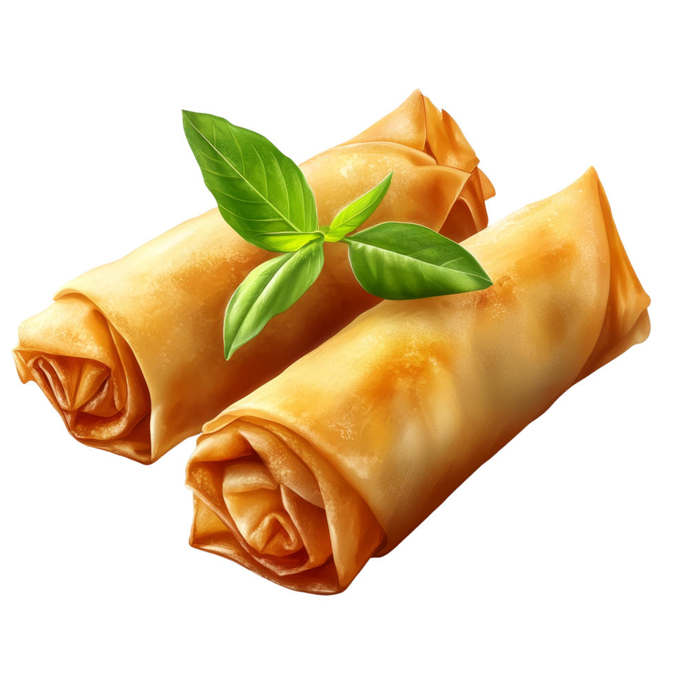 Crispy golden Chinese spring rolls served on a transparent plate, Fried Chinese Traditional Spring rolls food on transparent background png