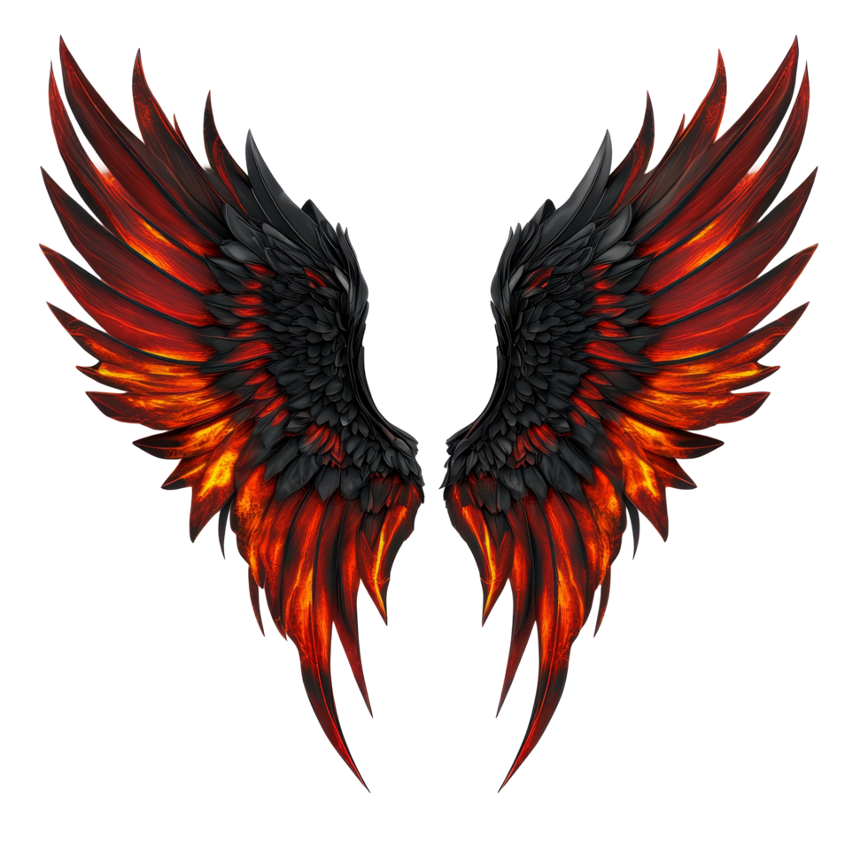 Dramatic demon wings showcasing fiery red accents on a pristine transparent background, Demon Wings with Fiery Red Accents on transparent background png