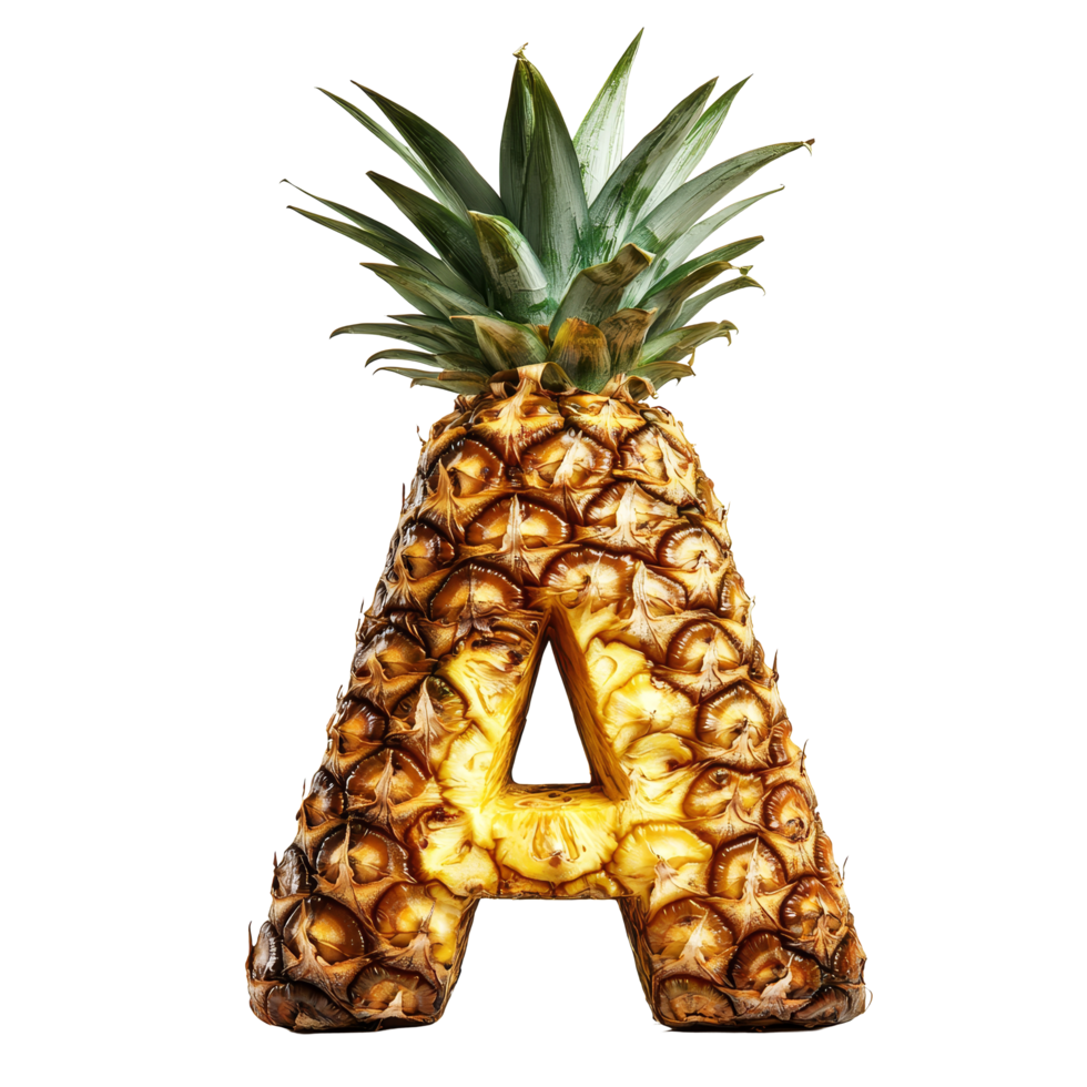 Unique pineapple shaped like the letter A, creatively designed and isolated against a clean transparent background, pineapple font view isolated on transparent background png