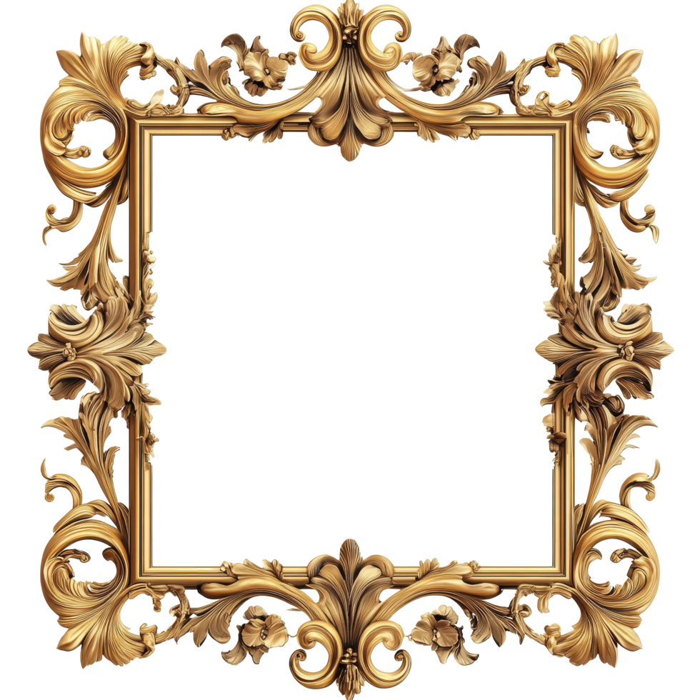 Elegant gold frame in classic baroque style perfect for displaying art or cherished memories in any setting, Gold frame for a picture in a classic baroque style on a transparent background png