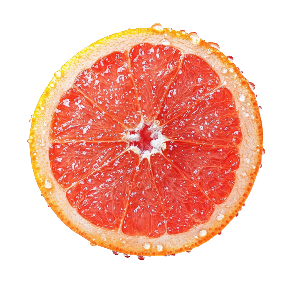 Fresh grapefruit slice glistening with water droplets on transparent background showcasing vibrant color and texture, Grapefruit slice withDrop of water on transparent background png